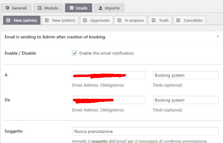 Configurazione Email Booking Calendar WordPress