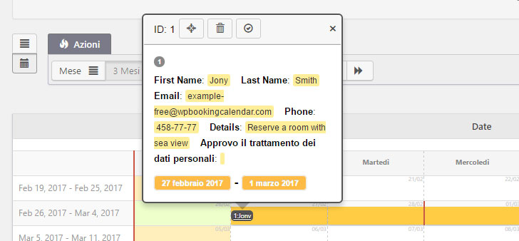 Wordpress Plugin Booking Calendar sezione Prenotazioni