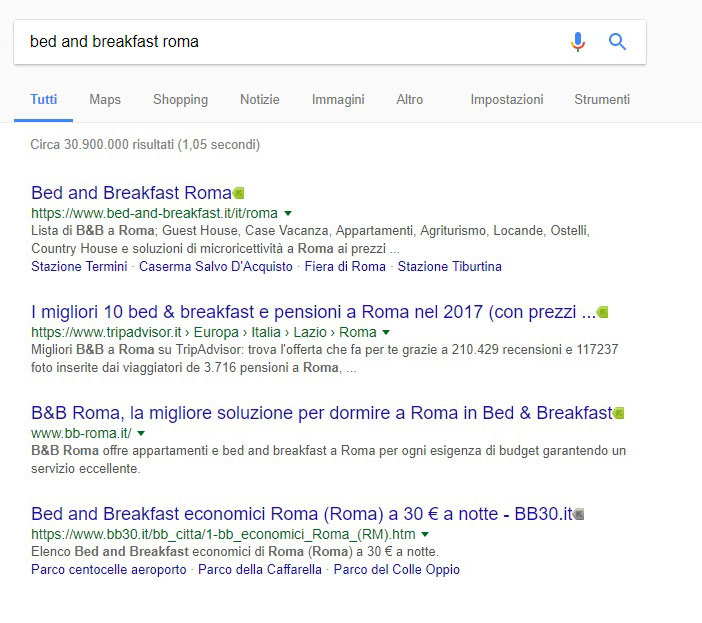 Serp di Google per la chiave Bed and Breakfast Roma