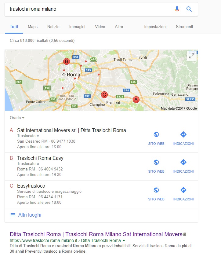 serp google per la chiave traslochi roma milano